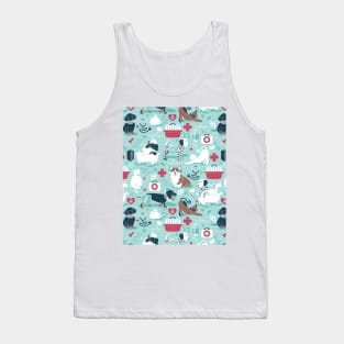 Veterinary medicine, happy and healthy friends // pattern // aqua background red details navy blue white and brown cats dogs and other animals Tank Top